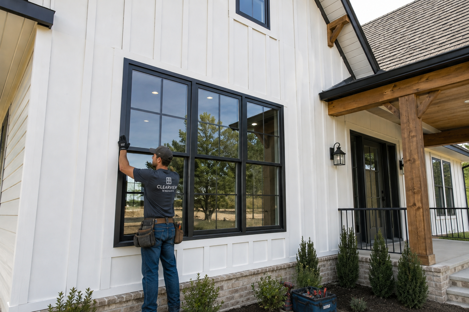 Installer setting a new double-hung window into a framed opening on a Denver home